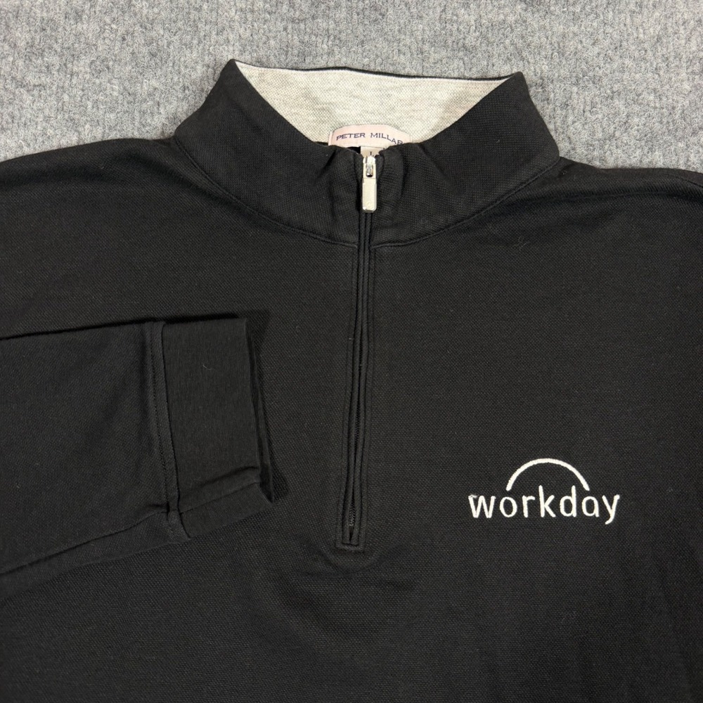 Peter Millar Quarter Zip Workday Logo Pullover Mens Size Large Black EUC Pique